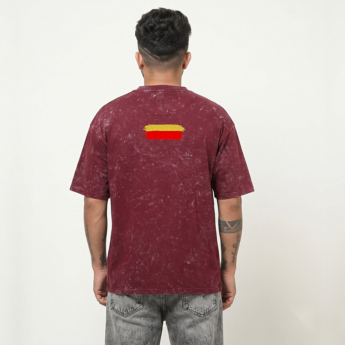 Karnatakadalli Kannadigane Sarvabhauma — Front Line, Flag Stripe Back — Maroon Acid Wash — back view