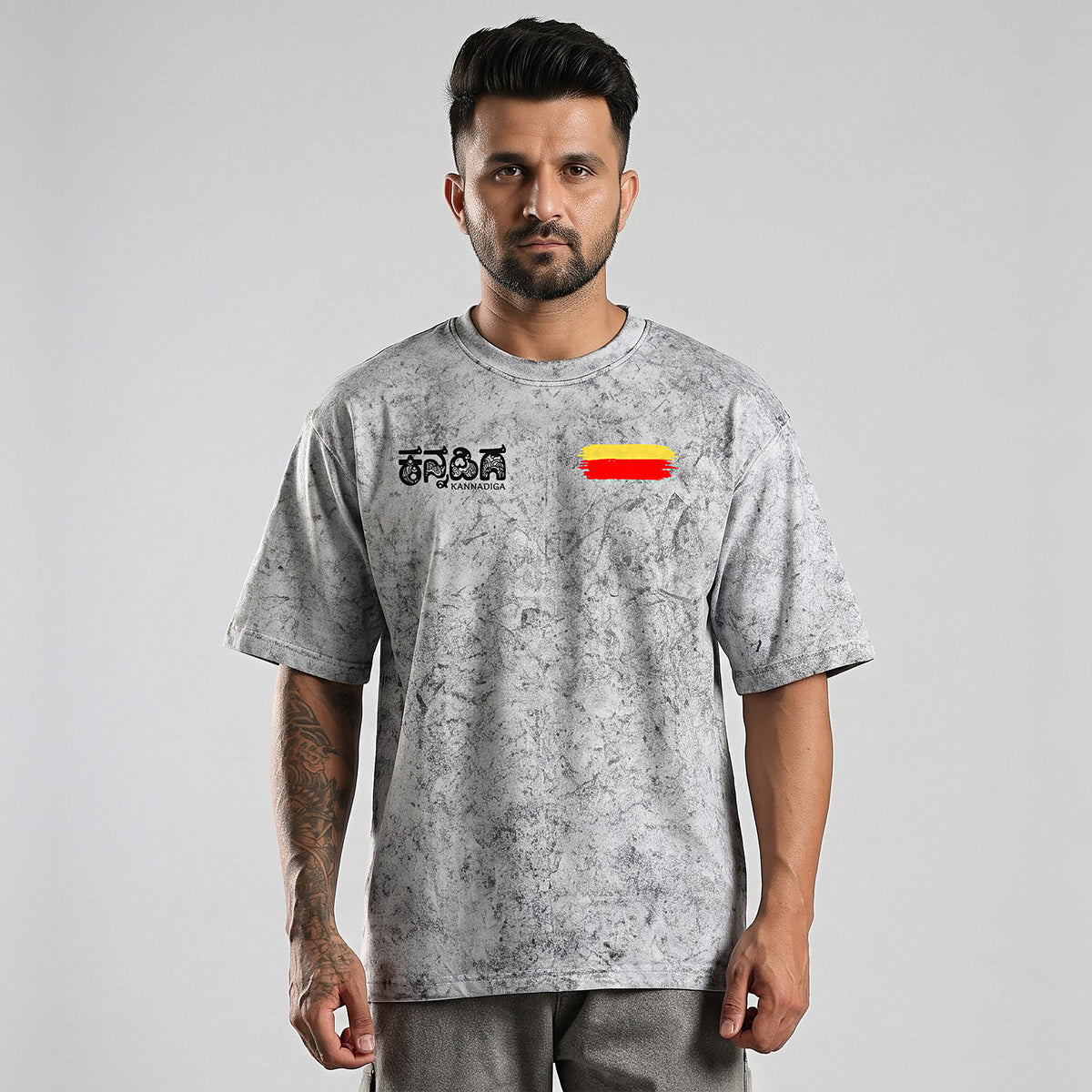 Kannadiga Wordmark + Flag Stripe — Front — Ash Grey Wash — front view