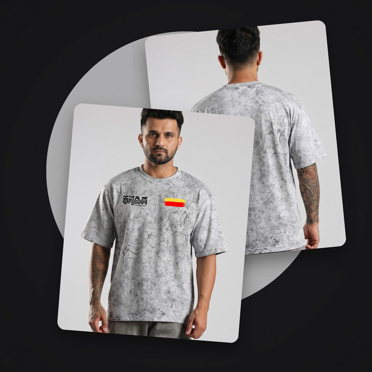 Kannadiga Wordmark + Flag Stripe — Front — Ash Grey Wash — front and back style shot
