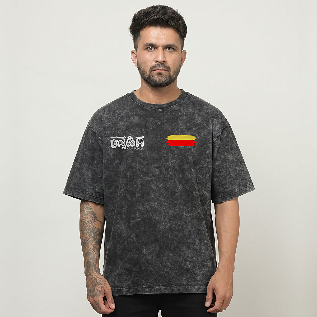Kannadiga Wordmark + Flag Stripe — Front — Charcoal Acid Wash — front view