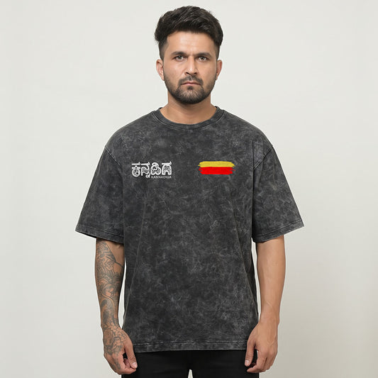 Kannadiga Wordmark + Flag Stripe — Front — Charcoal Acid Wash — front view