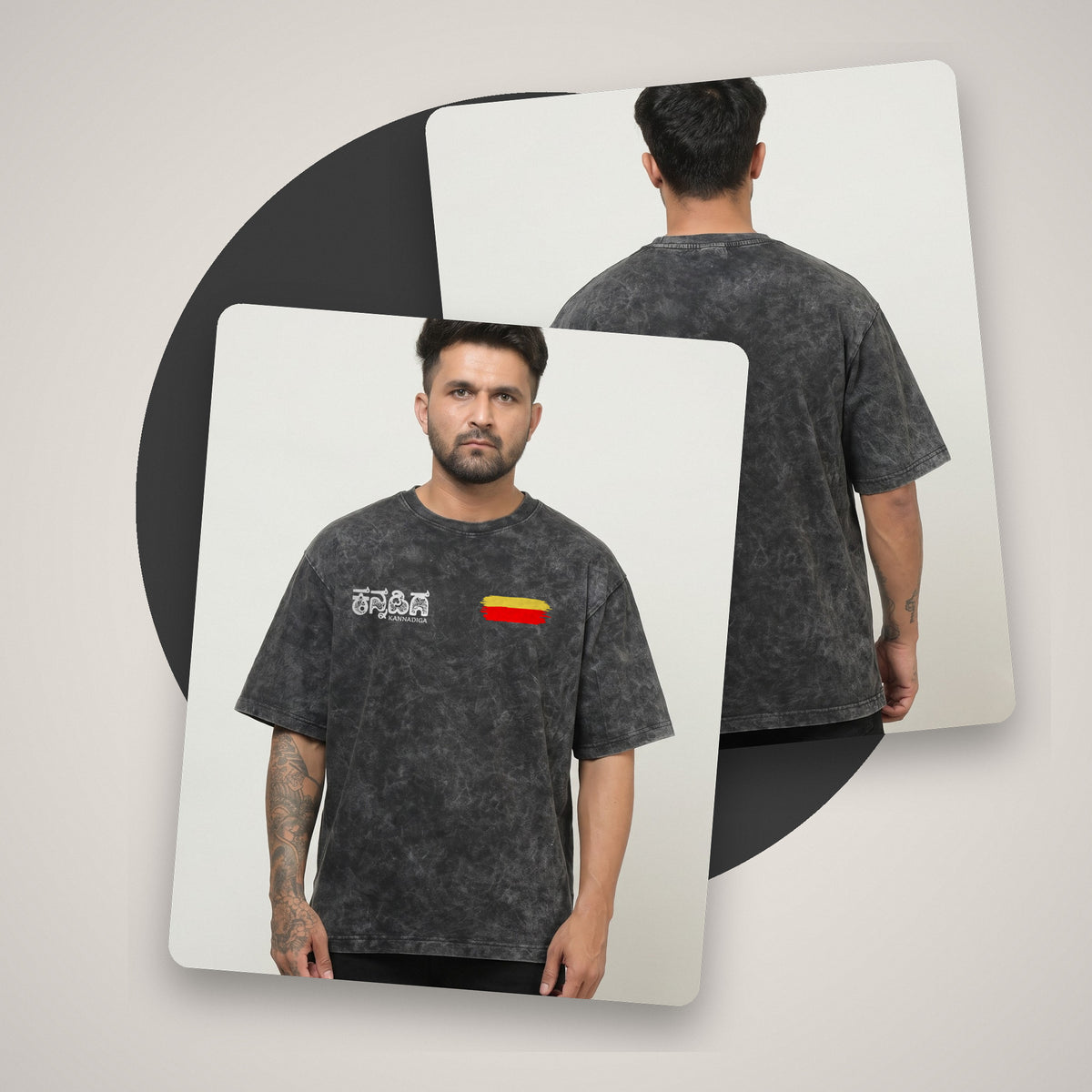 Kannadiga Wordmark + Flag Stripe — Front — Charcoal Acid Wash — front and back style shot