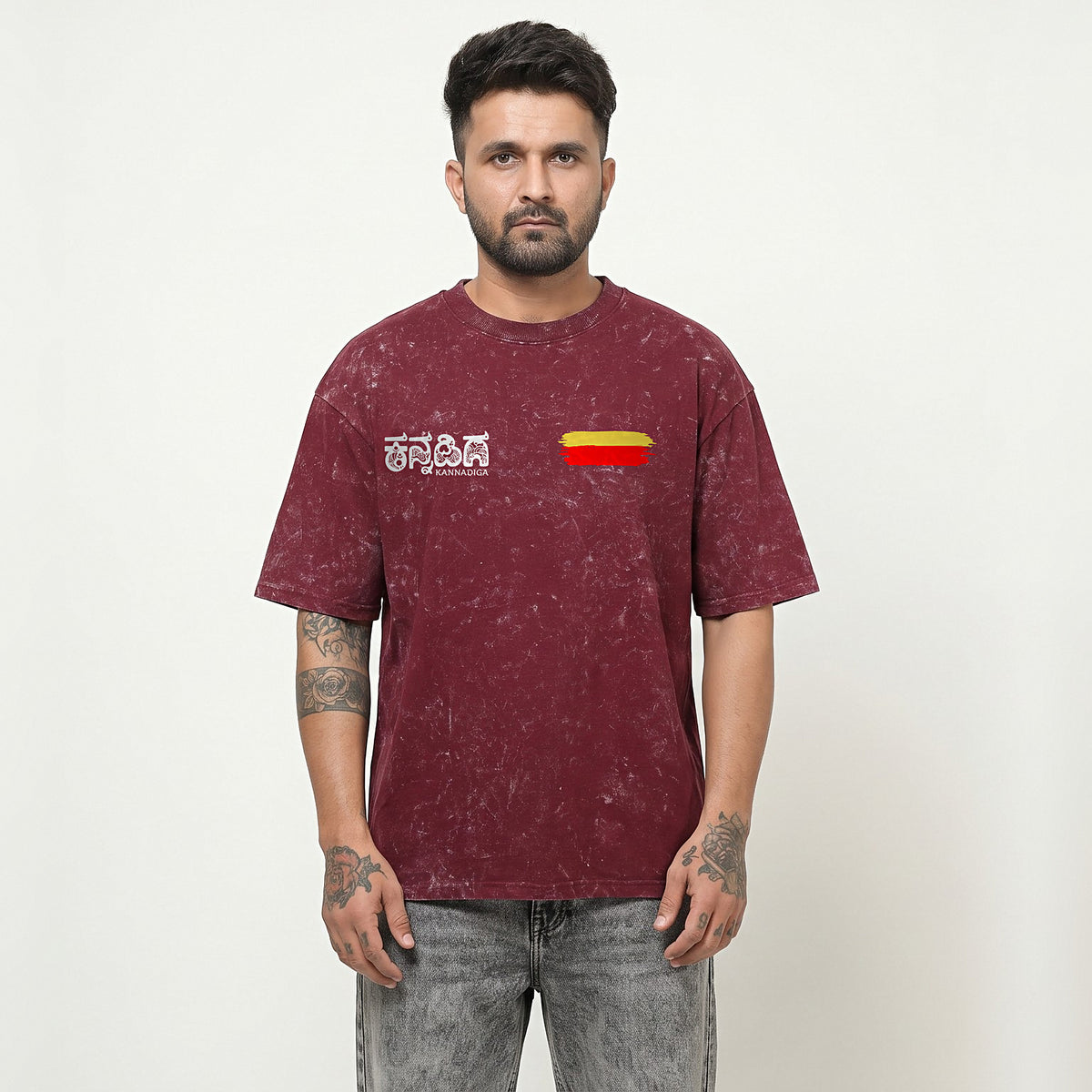 Kannadiga Wordmark + Flag Stripe — Front — Maroon Acid Wash — front view