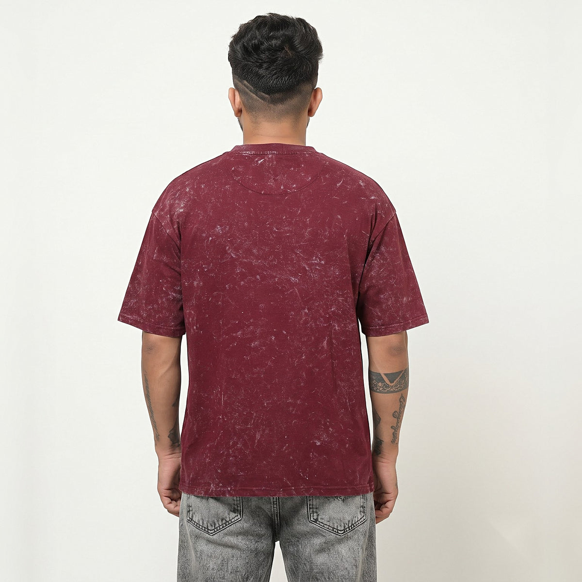 Kannadiga Wordmark + Flag Stripe — Front — Maroon Acid Wash — back view