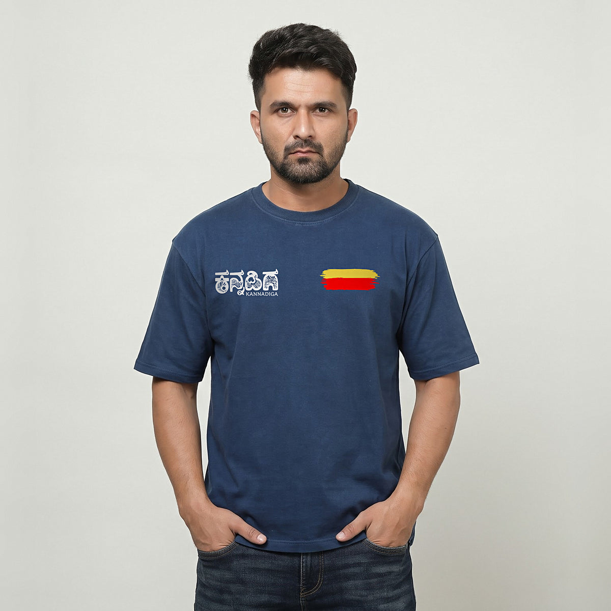Kannadiga Wordmark + Flag Stripe — Front — Navy Blue — front view