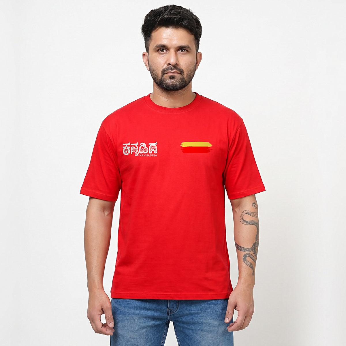 Kannadiga Wordmark + Flag Stripe — Front — Poppy Red — front view