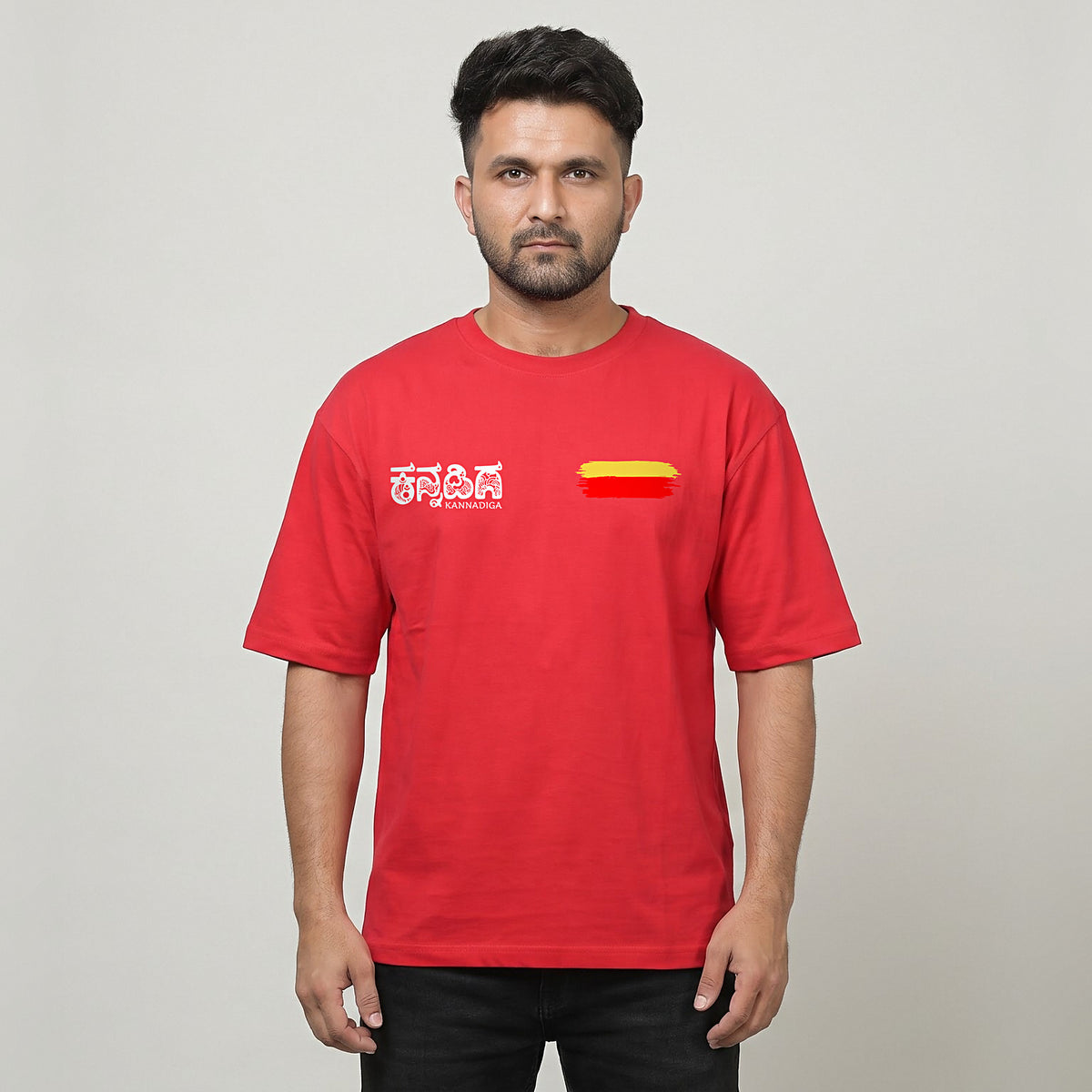 Kannadiga Wordmark + Flag Stripe — Front — Crimson Red — front view