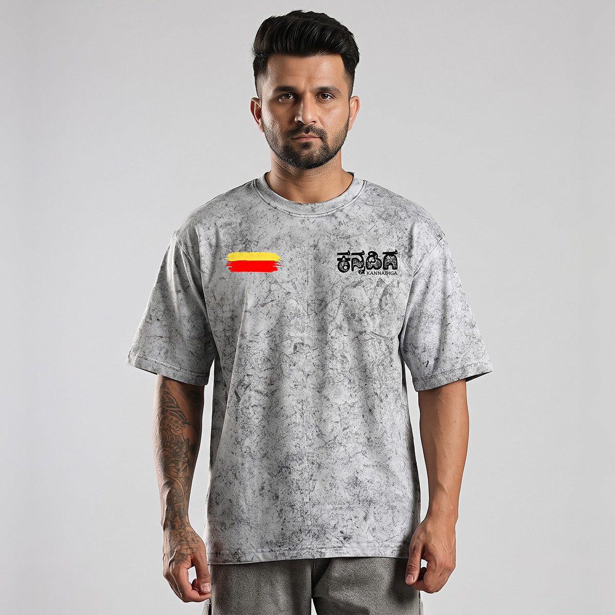 Flag Stripe + Kannadiga Wordmark — Front — Ash Grey Wash — front view