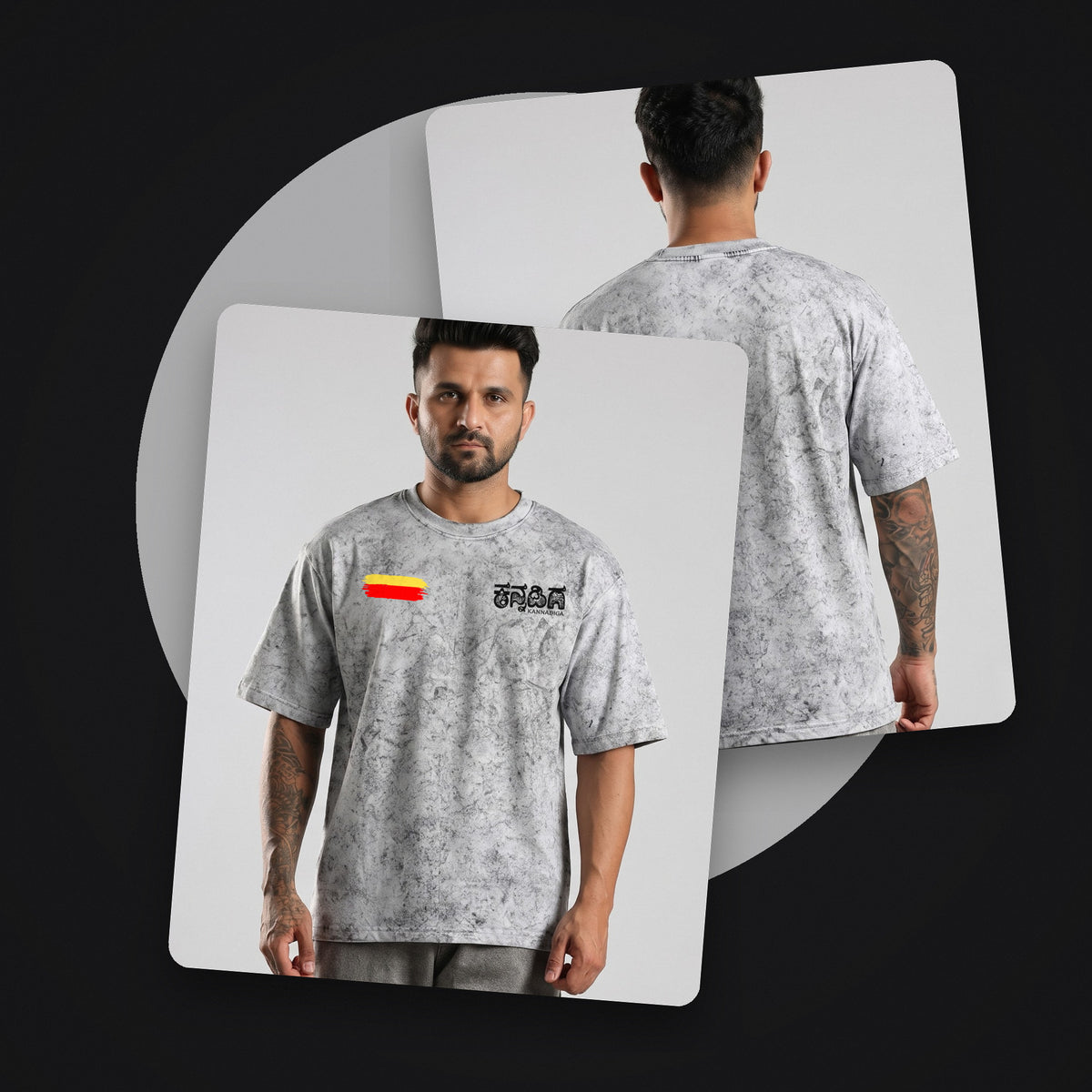 Flag Stripe + Kannadiga Wordmark — Front — Ash Grey Wash — front and back style shot