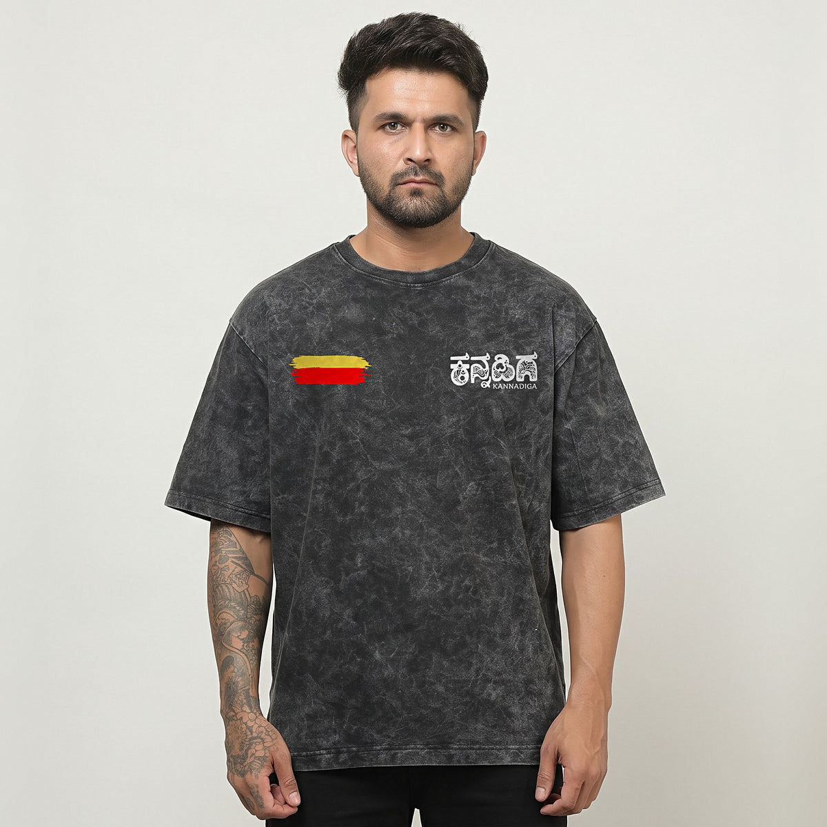 Flag Stripe + Kannadiga Wordmark — Front — Charcoal Acid Wash — front view