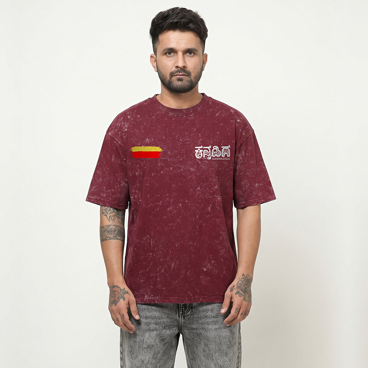 Flag Stripe + Kannadiga Wordmark — Front — Maroon Acid Wash — front view