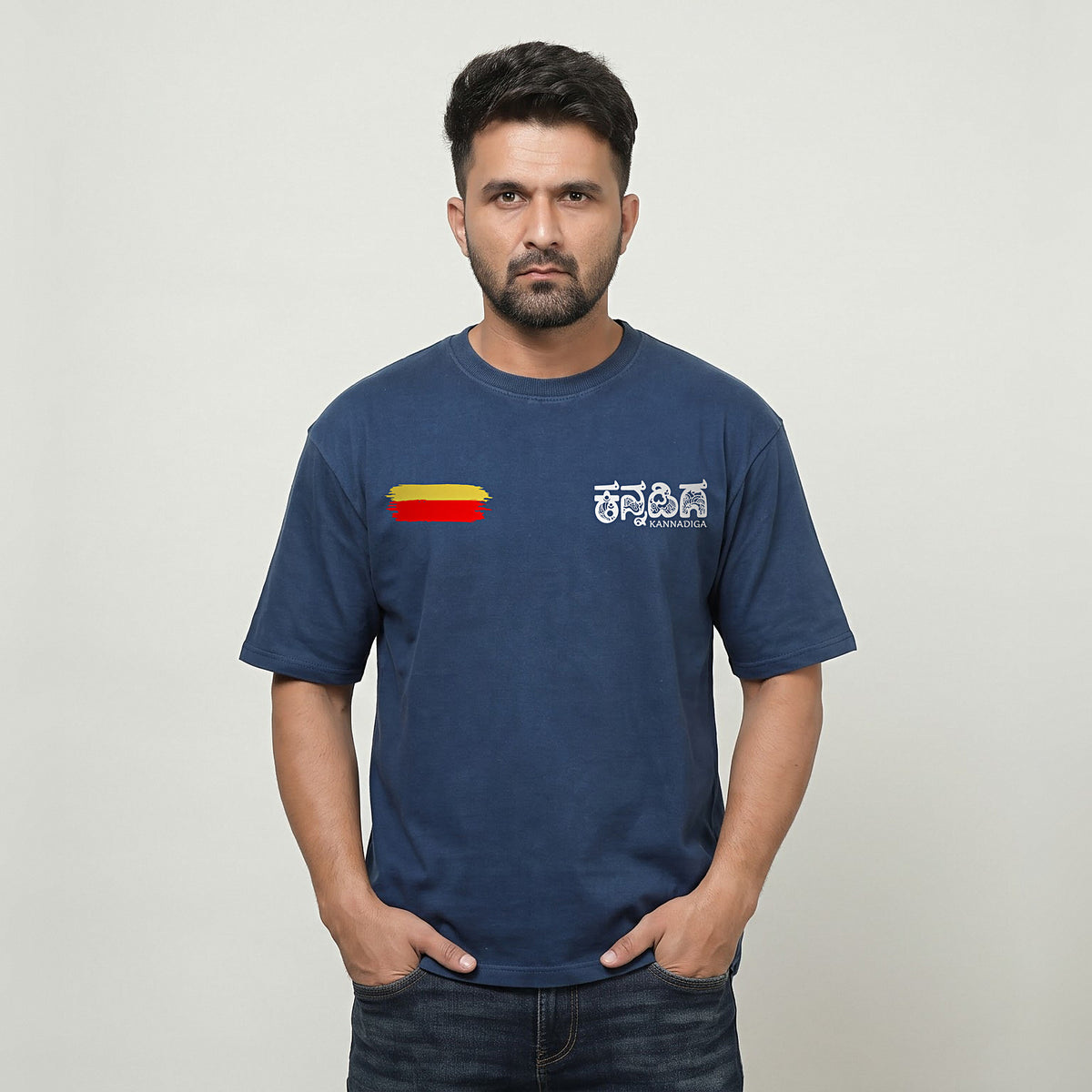 Flag Stripe + Kannadiga Wordmark — Front — Navy Blue — front view