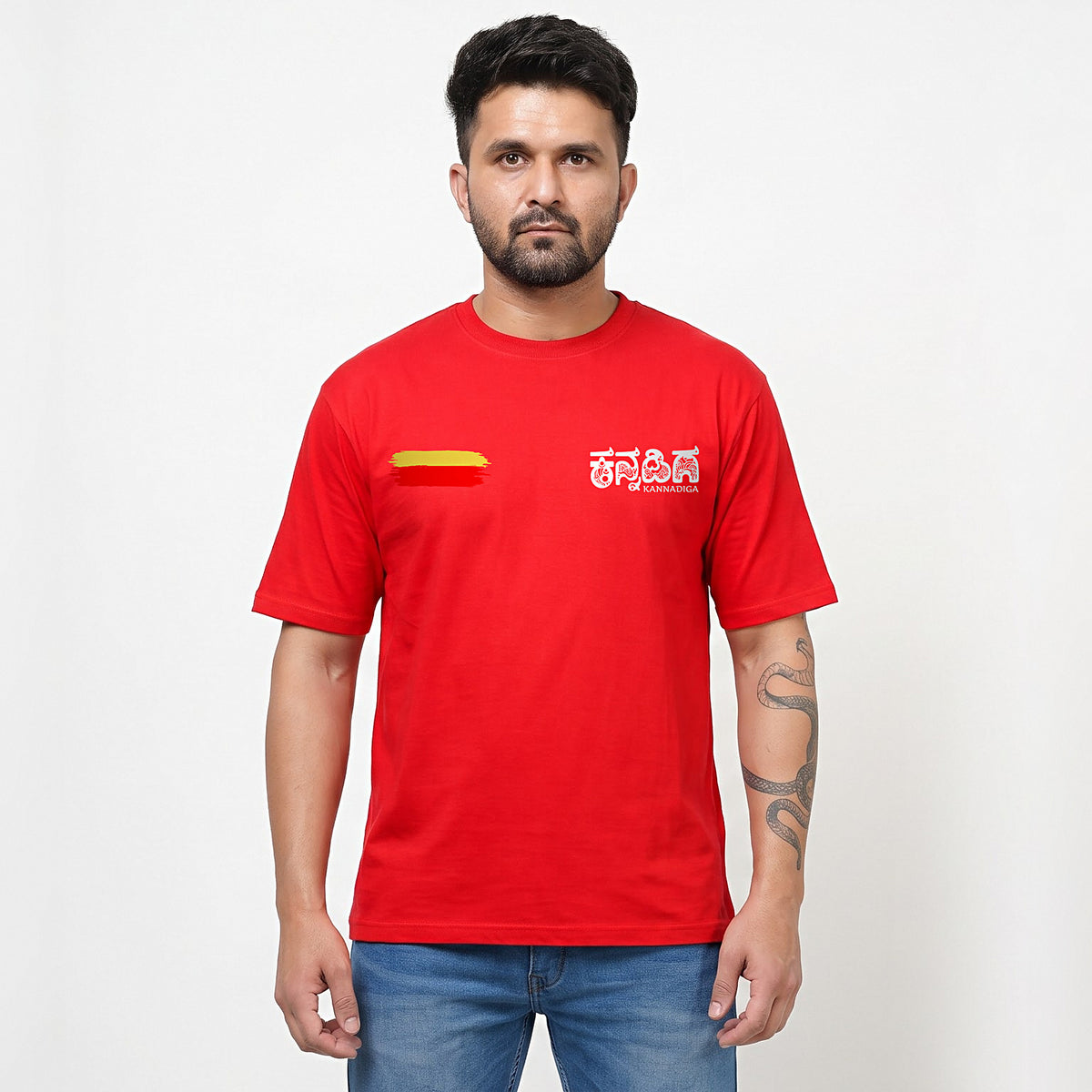 Flag Stripe + Kannadiga Wordmark — Front — Poppy Red — front view