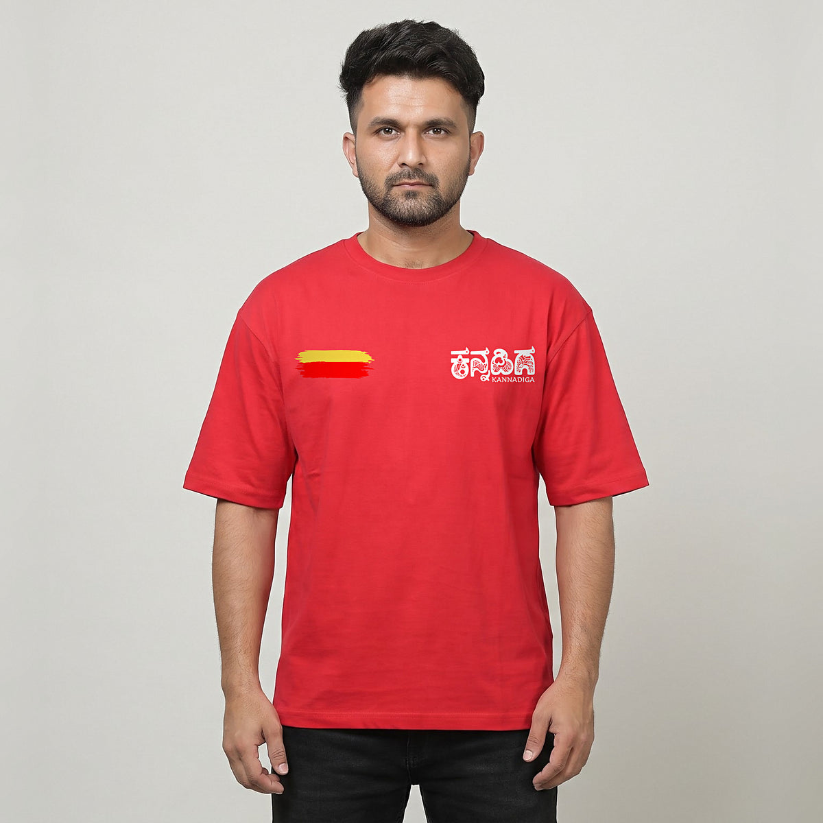 Flag Stripe + Kannadiga Wordmark — Front — Crimson Red — front view