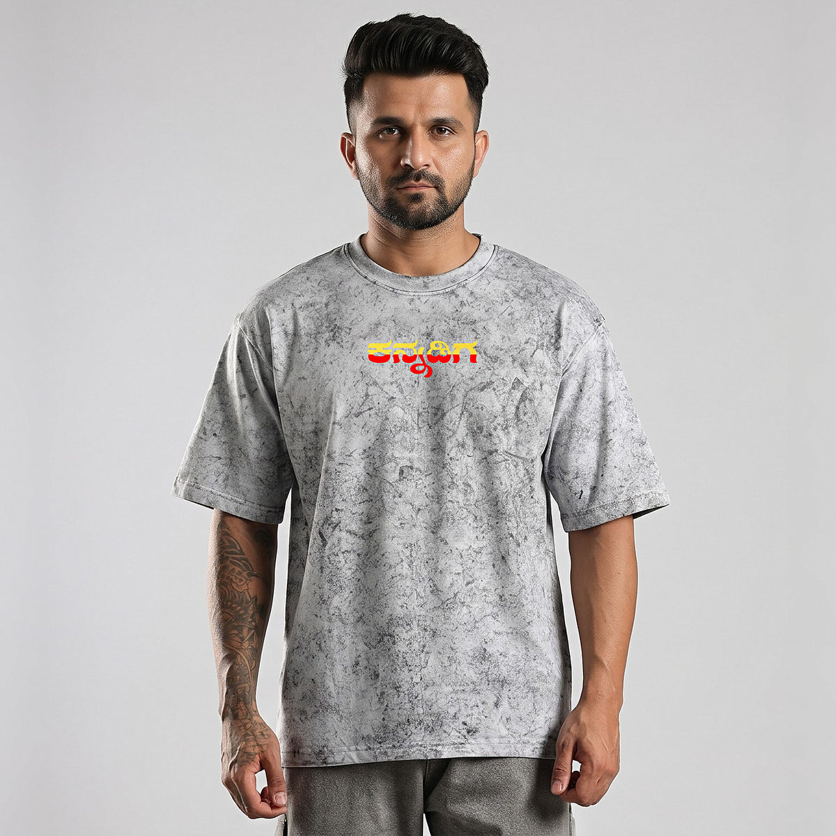 Kannadiga Wordmark in Flag Colours — Front Print — Ash Grey Wash — front view