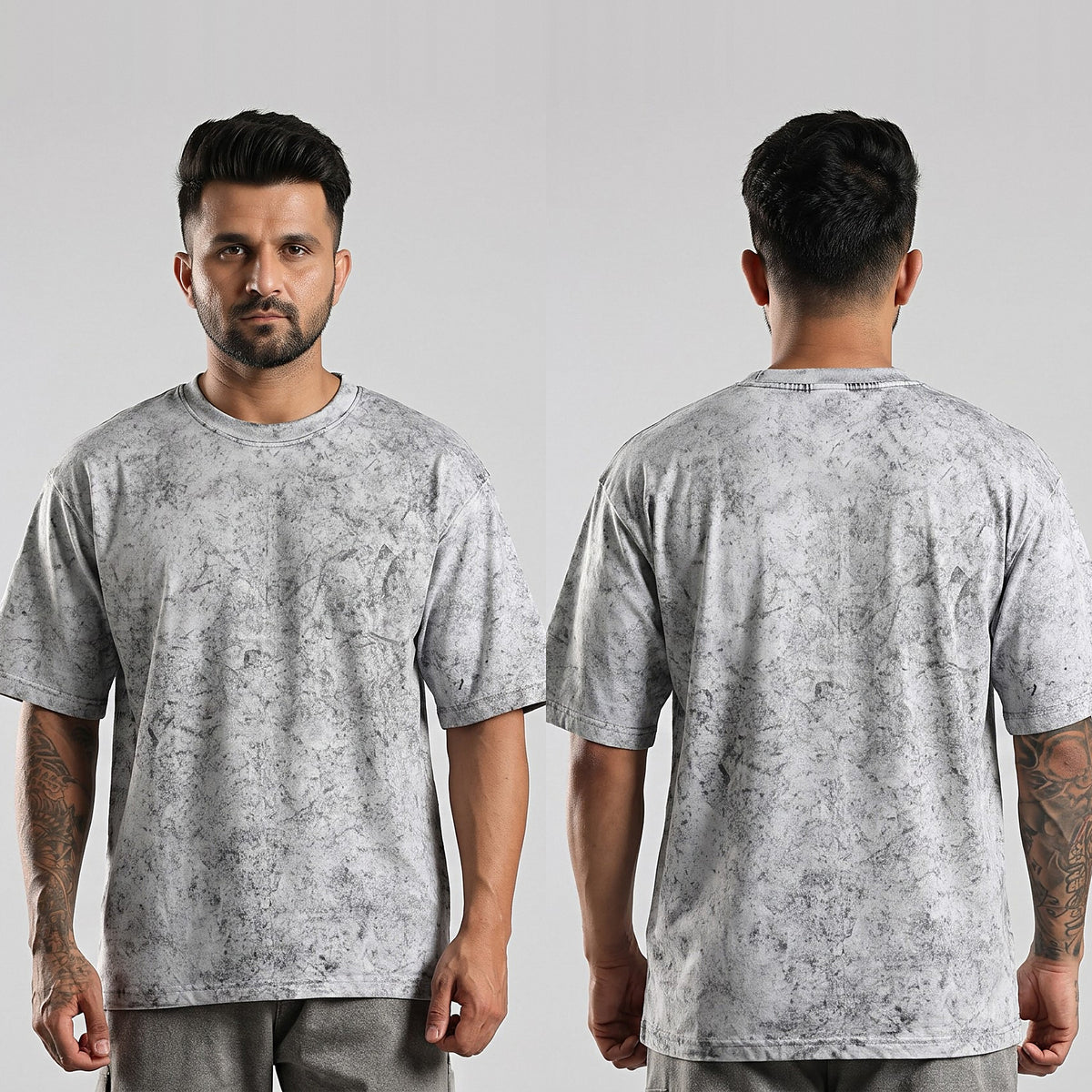 Plain oversized t-shirt in Ash Grey Wash — front and back together