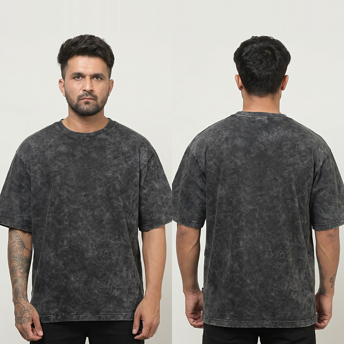 Plain oversized t-shirt in Charcoal Acid Wash — front and back together