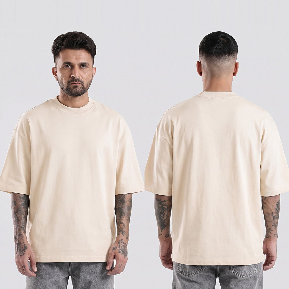 Plain oversized t-shirt in Bone — front and back together