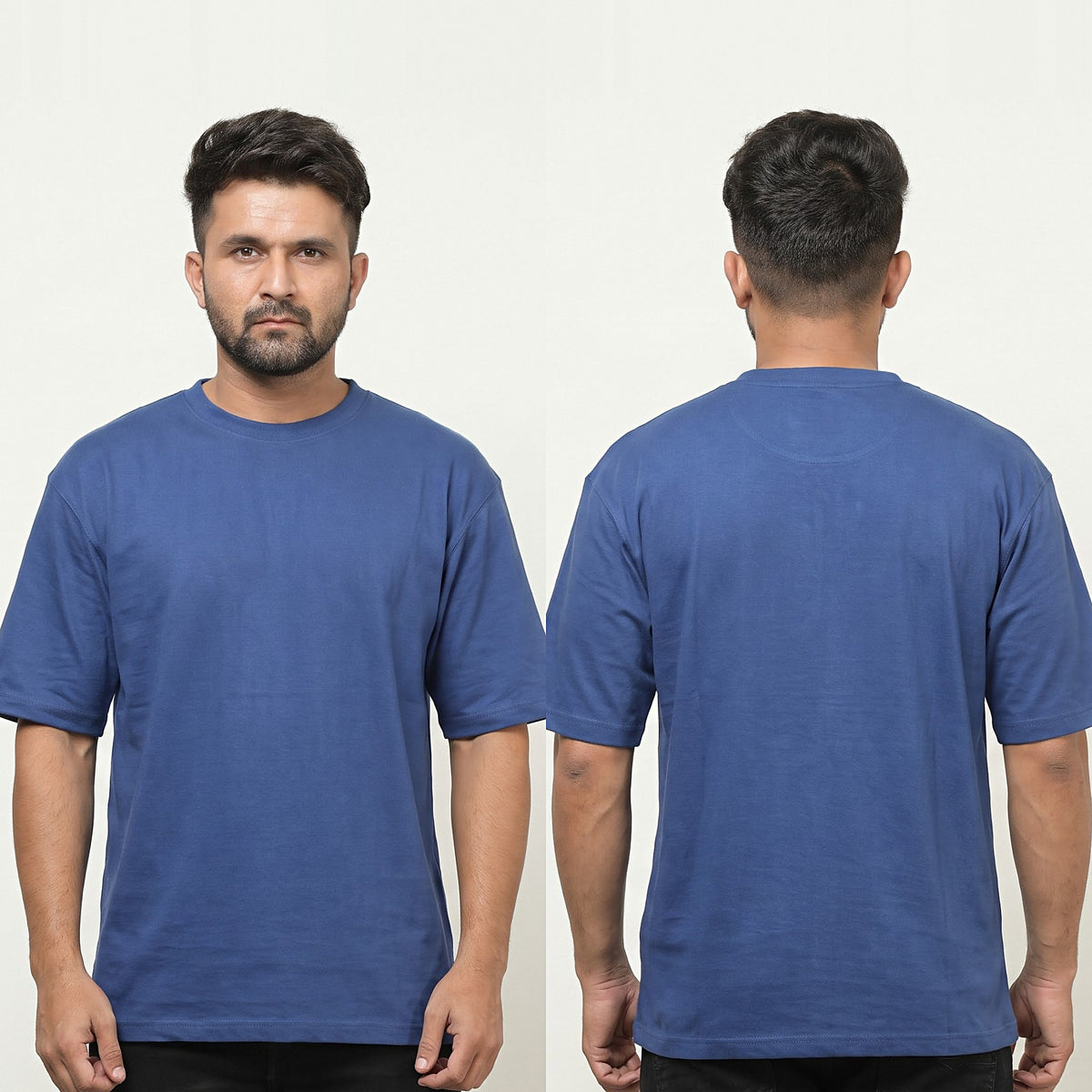 Plain oversized t-shirt in Cobalt Blue — front and back together