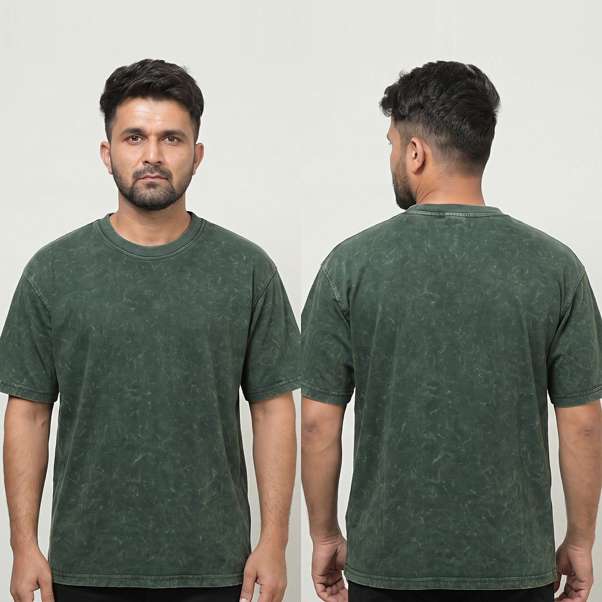 Plain oversized t-shirt in Forest Green Acid Wash — front and back together