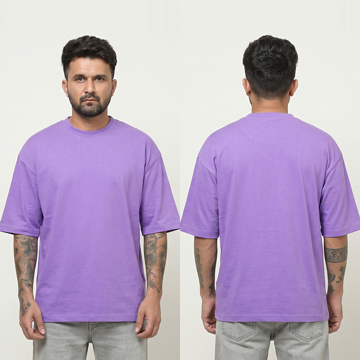 Plain oversized t-shirt in Lilac — front and back together