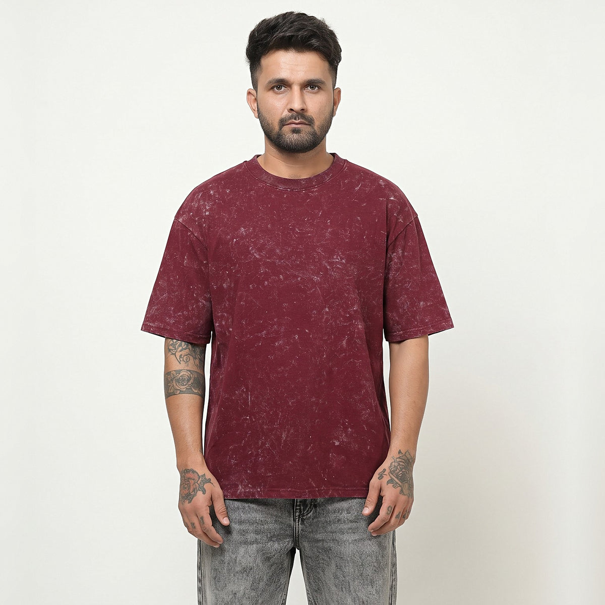 Plain oversized t-shirt in Maroon Acid Wash — front view