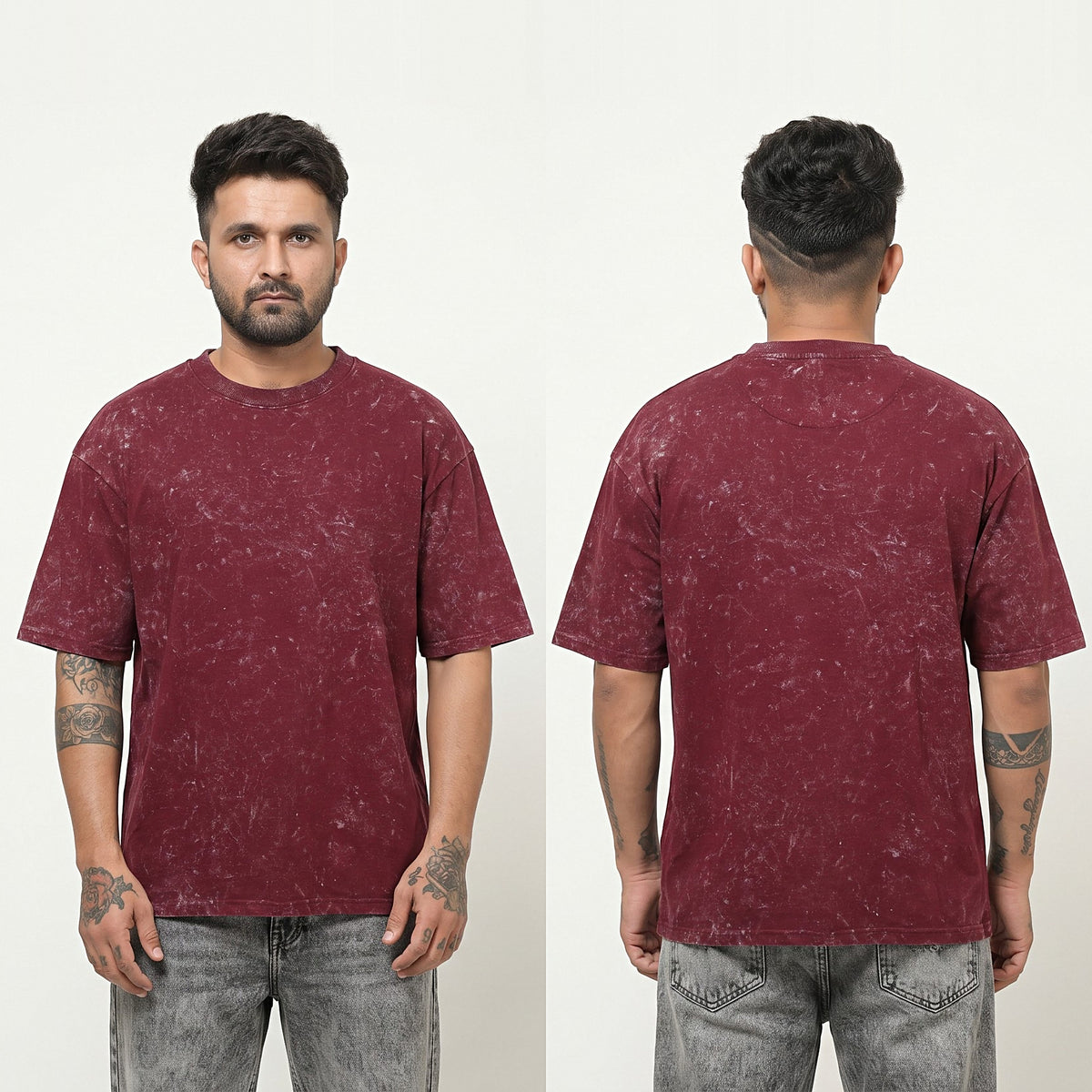Plain oversized t-shirt in Maroon Acid Wash — front and back together