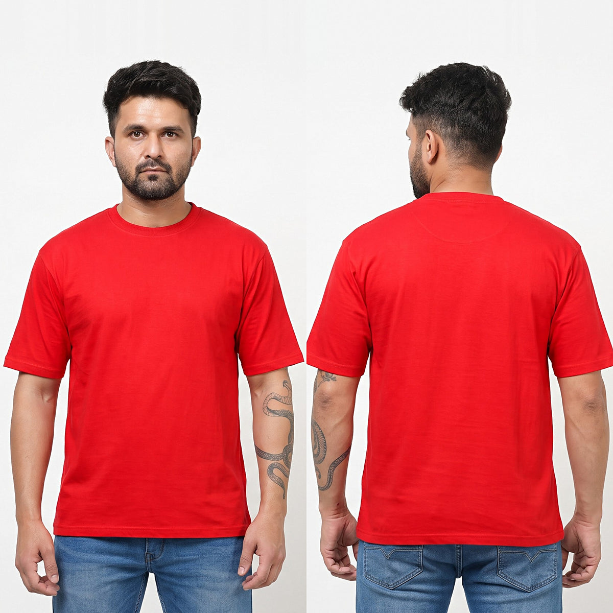 Plain oversized t-shirt in Poppy Red — front and back together
